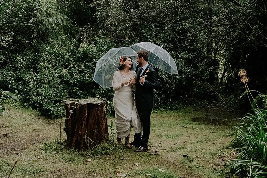 Lucy Suze Celebrant Wedding Bride & Groom in the Rain with Umbrellas